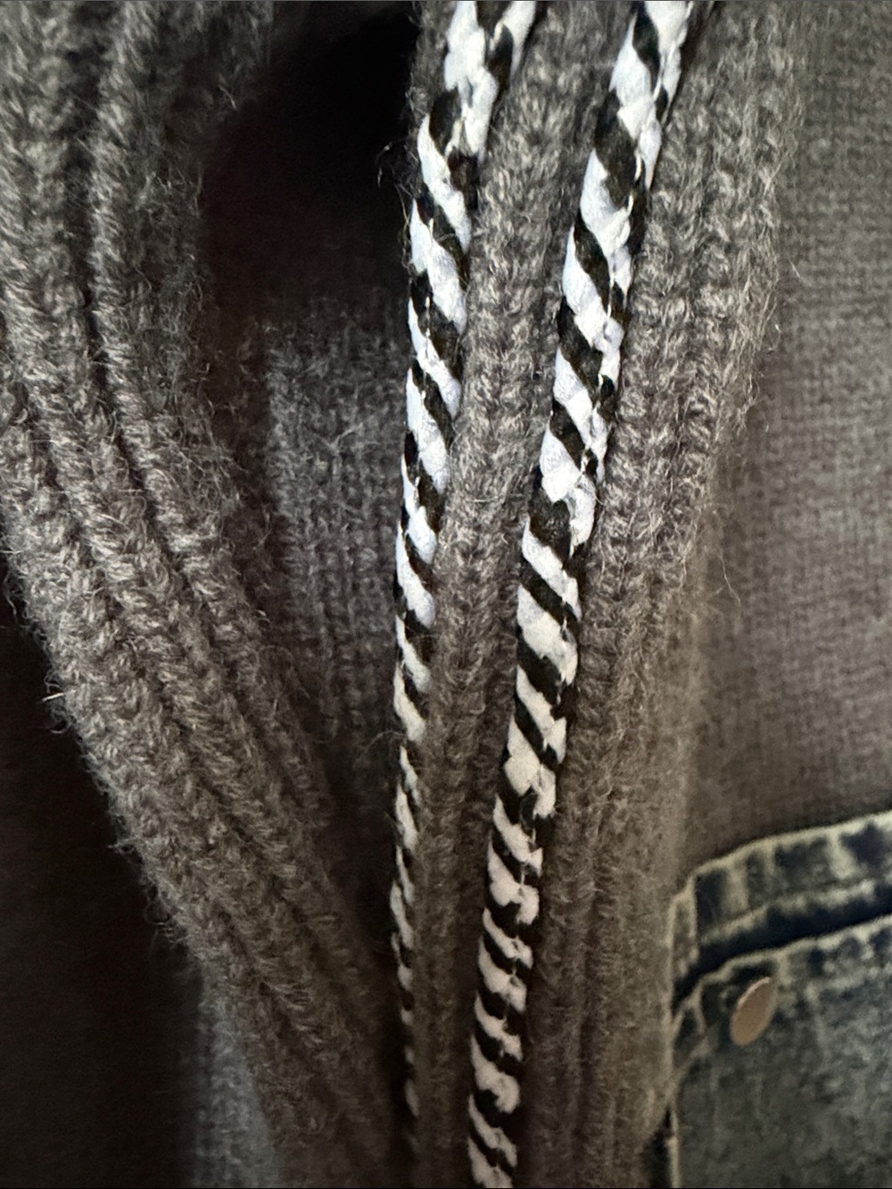Commense Gray Ribbed Cardigan with Denim Patch Pockets - Picture 3 of 12